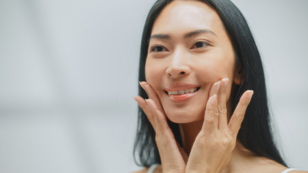 Beautiful Asian Woman Touches Perfect Soft Face Skin, Applies Advanced Organic Cream, Smiles in the Mirror. Happy Female Enjoying Her Beauty Routine. Wellbeing, Natural Cosmetic Products. Close-upの写真素材