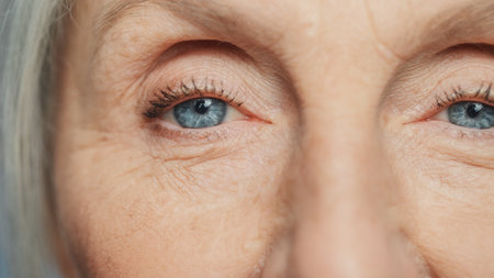 Close-up Shot of an Eyes of Beautiful Senior Woman Looking at Camera and Smiling Wonderfully. Gorgeous Looking Elderly Grandmother with Natural Beauty of Grey Hair, Blue Eyes and Cheerful Worldviewの写真素材