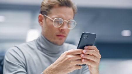 Modern Office: Portrait of Creative Businessman Sitting at His Desk Using Smartphone. Digital...