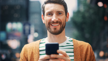 Caucasian Man Using Smartphone in the Big City. Creative Professional Using Mobile Phone App for...