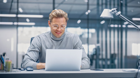 Modern Modern Office: Businessman Sitting at His Desk Working on a Laptop Computer. Digital...