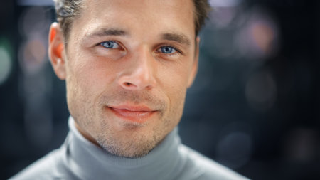 Close-up Portrait of Handsome Blonde Digital Entrepreneur Standing on Street, Looking at the Camera,...