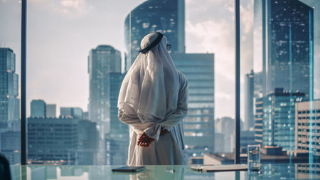Successful Muslim Businessman in Traditional White Kandura Standing in His Modern Office Looking out of the Window on Big City with Skyscrapers. Successful Saudi, Emirati, Arab Businessman Concept.の写真素材
