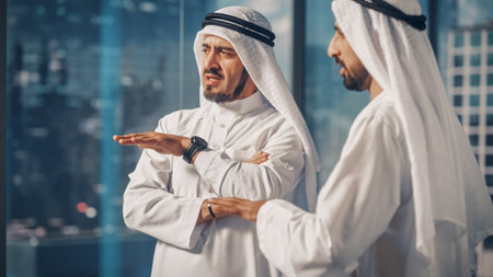 Two Successful Muslim Businessmen in White Traditional Outfit Standing in Office Meeting,...