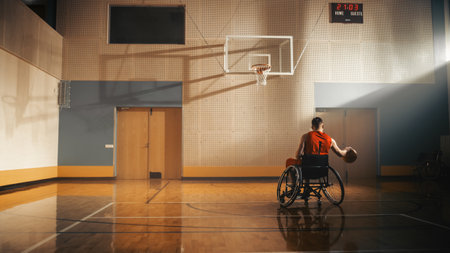 Wheelchair Basketball Player Wearing Red Shirt Dribbling Ball Like a Professional. Determination, Motivation of a Person with Disability Excelling at Team Sport. Anonymous, Back View Shotの写真素材