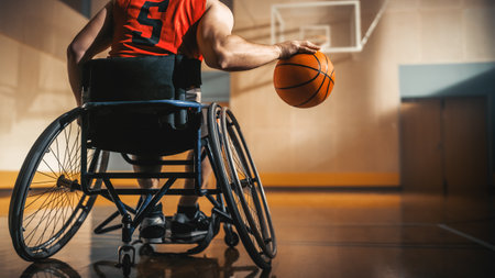 Wheelchair Basketball Player Wearing Red Shirt Dribbling Ball Like a Professional. Determination, Motivation of a Person with Disability Excelling at Team Sport. Anonymous, Back View Shotの写真素材