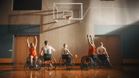 Wheelchair Basketball Game: Professional Players Competing, Dribbling Ball, Passing, Shooting it Successfully, Scoring a Goal. Celebration of Determination, Skill, Speed of People with Disabilityの写真素材