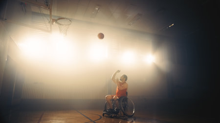 Portrait of Wheelchair Basketball Player Shooting Ball to Score a Perfect Goal. Determination, Training, Inspiration of Person with Disability. Cinematic Shot with Warm Colors.の写真素材