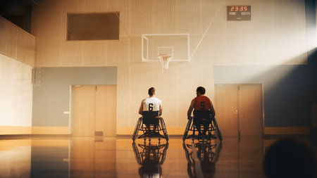 Court for Wheelchair Basketball Game of One on One. Competing Friends Ready to Play, Talk Before Game. Two Professional Players Determined to Win Match. Inspiration of People with Disabilityの写真素材