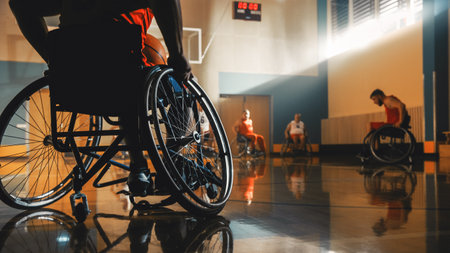 Wheelchair Basketball Game Court: Paraplegic Professional Players Competing. Determination, Inspiration, and Skill of a People with Disability.の写真素材