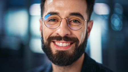 Modern Office Businessman or Manager Working on Computer, Smiling, Looking at Camera. Portrait of...