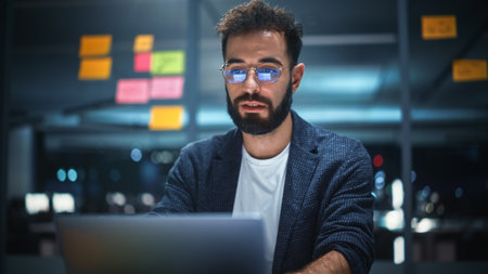 Successful Handsome Creative Director Working on Laptop Computer in Big City Office Late in the...