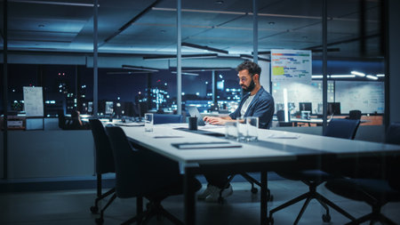 Handsome Man Wearing Stylish Glasses Working on a Laptop in the Meeting Room late at Night. Businessman Finishing Financial Strategy for e-Commerce Startup. Close-up Bokeh Backgroundの写真素材