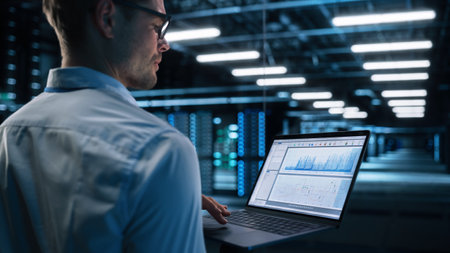 View Over the Shoulder of Caucasian Data Center IT Technician Standing at the Corridor with a Laptop...