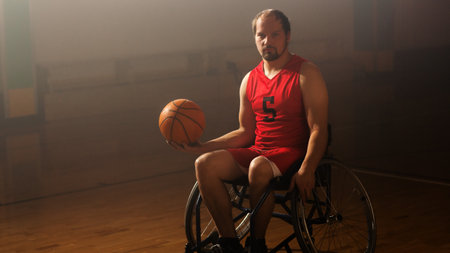 Portrait of Wheelchair Basketball Player Holding Ball, Training. Determination, Training,...
