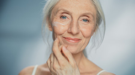 Portrait of Beautiful Senior Woman Gently Applying Face Cream. Elderly Lady Makes Her Skin Soft,...