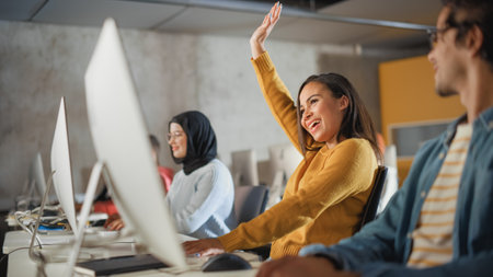 Beautiful African American Female Student, Studying in University with Diverse Classmates. She Raises Hand and Asks Teacher a Question. Applying Her Knowledge to Acquire Academic Skills in Class.の写真素材