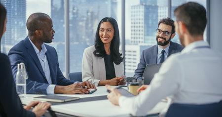 Multi-Ethnic Office Conference Room Meeting: Diverse Team of Top Managers, Executives, Share Digital...