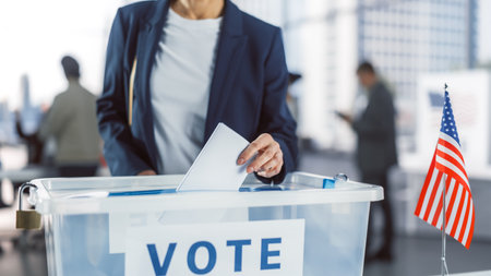American People Visiting a Polling Station on Elections Day in the Capital Of United States of America. Female Caucasian Voter Casting Her Vote and Putting Ballot into a Transparent Sealed Boxの写真素材