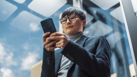 Successful Stylish Japanese Businessman Riding Glass Elevator to Office in Modern Business Center. Handsome Man Smile while Using Smartphone, Writeの写真素材