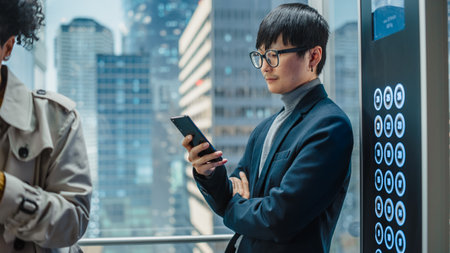 Successful Stylish Japanese Businessman Riding Glass Elevator to Office in Modern Business Center....