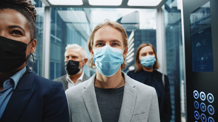 Four Diverse Multiethnic International People Wearing Protective Face Masks Ride Glass Elevator to Office in a Modern Business Center. Healthcareの写真素材