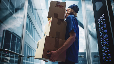 Young Delivery Person Riding Glass Elevator in Modern Office Building. Mail Courier Holding...