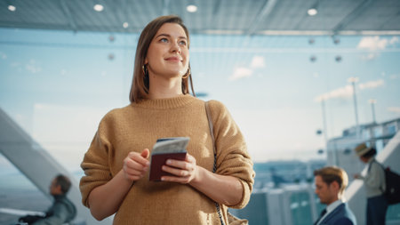 Airport Terminal: Happy Traveling Caucasian Woman Waiting at Flight Gates for Plane Boarding, Uses...