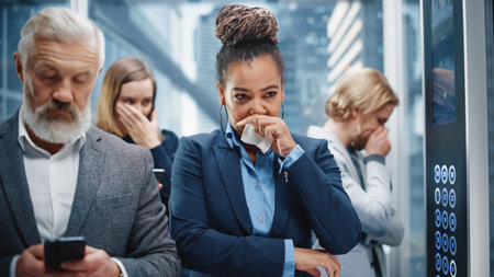 Middle Aged Woman Sneezes in a Crowded Glass Elevator in a Modern Office Building. Businesswoman...
