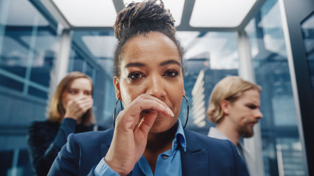 Close Up Portrait of a Middle Aged Woman Sneezes in a Crowded Glass Elevator in a Modern Office...