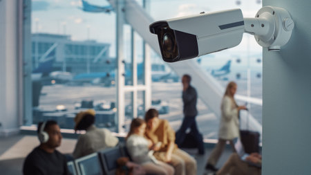 Airport Terminal: Futuristic AI Big Data Analysing Surveillance Camera that Keeps People Safe. Backgrond: Diverse Multi-Ethnic Crowd of People Waitの写真素材