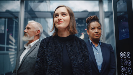 Three Diverse Multiethnic International People Ride a Glass Elevator to Office in a Modern Business...