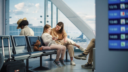 Busy Airport Airplane Terminal: Happy Beautiful Mother and Cute Little Daughter Wait for their...