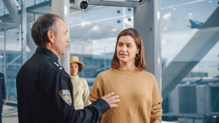 Airport Terminal: Security Officer Checks and Separates Diverse Group of People Walking Through Metal Detector Scanner Gates for Plane Flight Boardingの写真素材