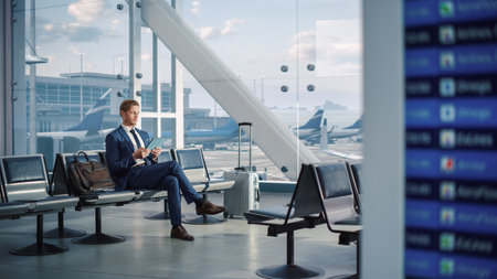 Airport Terminal Flight Wait: Businessman Uses Digital Tablet Computer App for e-Business, Browsing Internet. Traveling Entrepreneur Remote Workの写真素材