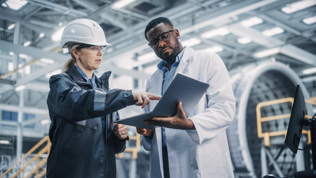 Team of Diverse Professional Heavy Industry Engineers Wearing Safety Uniform and Hard Hat Working on...
