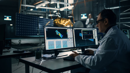 Male Engineer Uses Computer while Working on Satellite Construction. Aerospace Agency: Scientist is...