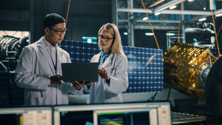 Engineer and Technician Working on Satellite Construction. Aerospace Agency: Diverse Team of...