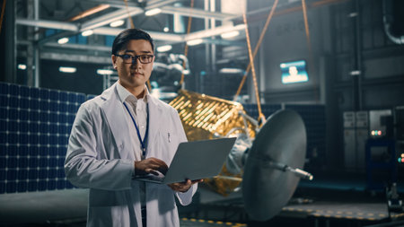 Portrait of Serious Asian Engineer Working on Artificial Satellite Construction. Aerospace Agency: Chinese Scientist Using Laptop Computer to Developの写真素材