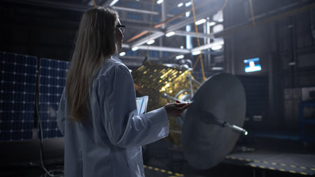 Industrial Female Engineer Working on Artificial Satellite Construction. Aerospace Agency: Scientist...