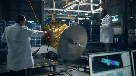 Engineer and Technician Working on Satellite Construction. Aerospace Agency: Diverse Team of Scientists Using Technological Equipment and Tabletの写真素材