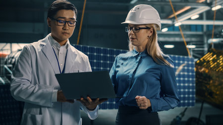 Engineer and Technician Working on Satellite Construction. Aerospace Agency: Diverse Team of...