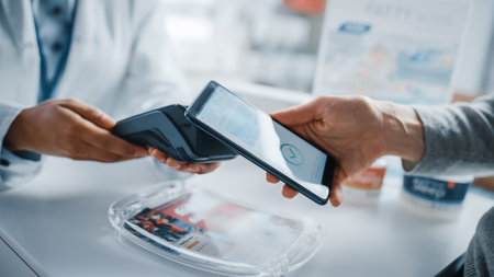 Pharmacy Drugstore Checkout Cashier Counter: Pharmacist and a Customer Using NFC Smartphone with Contactless Payment Terminal to Buy Prescriptionの写真素材