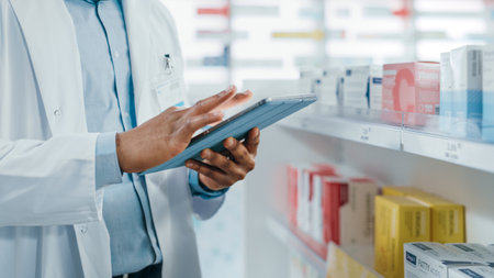 Pharmacy: Portrait of Professional Black Pharmacist Uses Digital Tablet Computer, Checks Inventory of Medicine, Drugs, Vitamins, Health Care Productsの写真素材