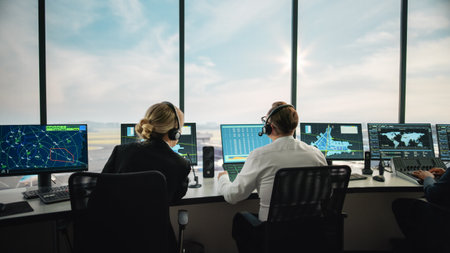 Diverse Air Traffic Control Team Working in a Modern Airport Tower. Office Room is Full of Desktop Computer Displays with Navigation Screens, Airplaneの写真素材