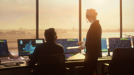 Diverse Air Traffic Control Team Working in Modern Airport Tower at Sunset. Controllers Celebrate the First Take Off of a New Commercial Aircraft withの写真素材