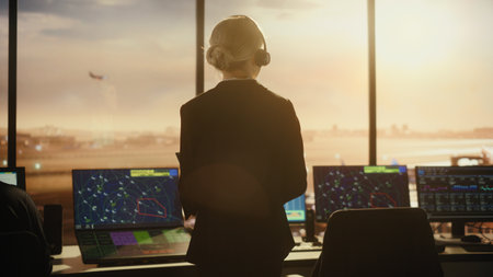 Female Air Traffic Controller with Headset Talk on a Call in Airport Tower. Office Room is Full of...