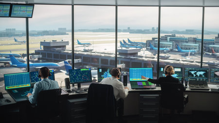 Diverse Air Traffic Control Team Working in a Modern Airport Tower. Office Room is Full of Desktop Computer Displays with Navigation Screens, Airplaneの写真素材