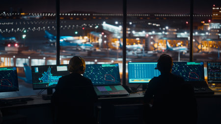 Diverse Air Traffic Control Team Working in a Modern Airport Tower at Night. Office Room is Full of...