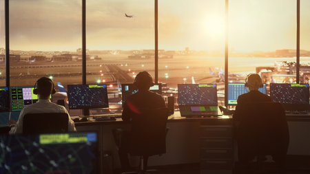 Diverse Air Traffic Control Team Working in a Modern Airport Tower at Sunset. Office Room is Full of Desktop Computer Displays with Navigation Screensの写真素材